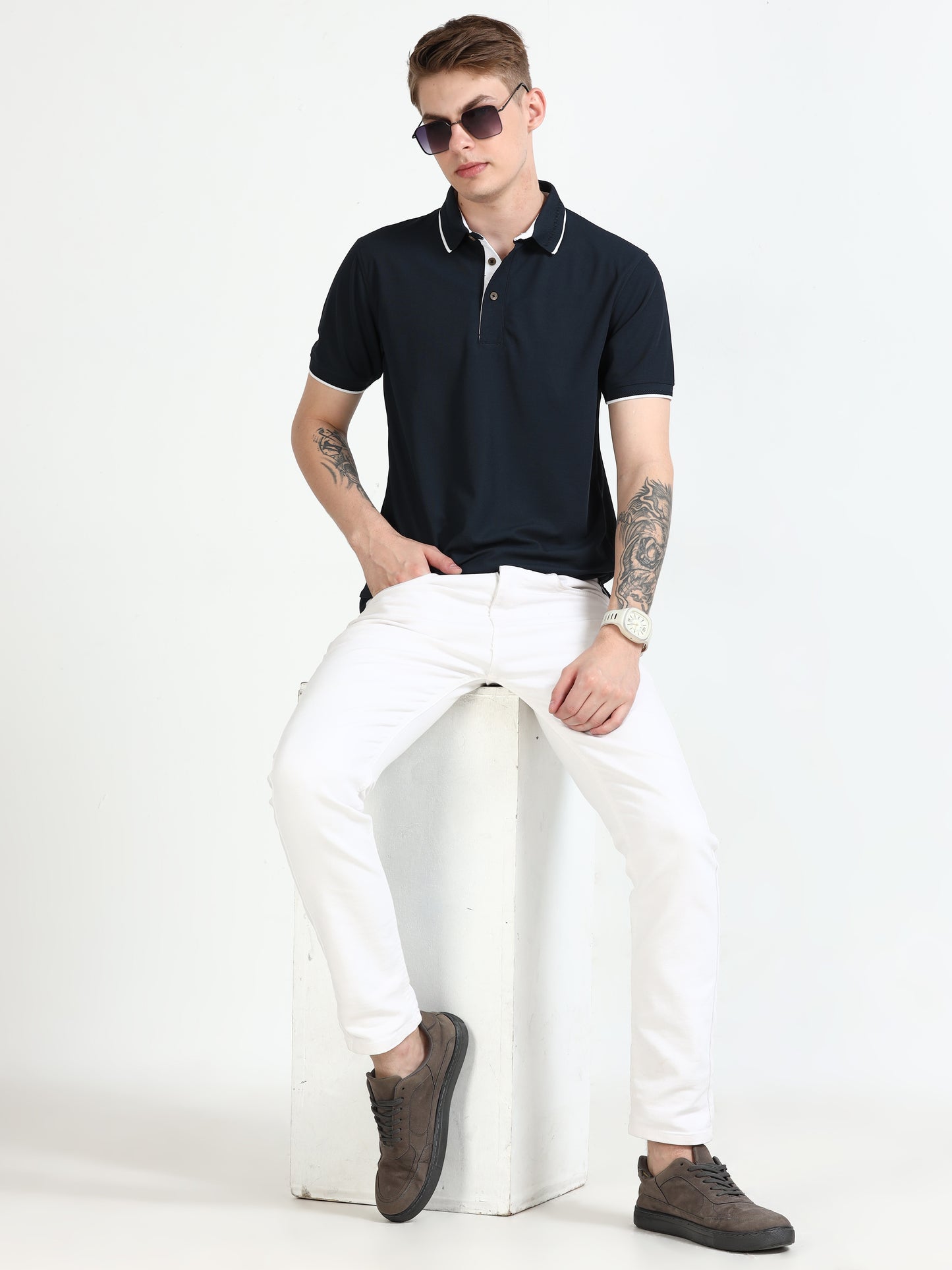 Premium Polo T-Shirt – Dress Blue with White Tipping