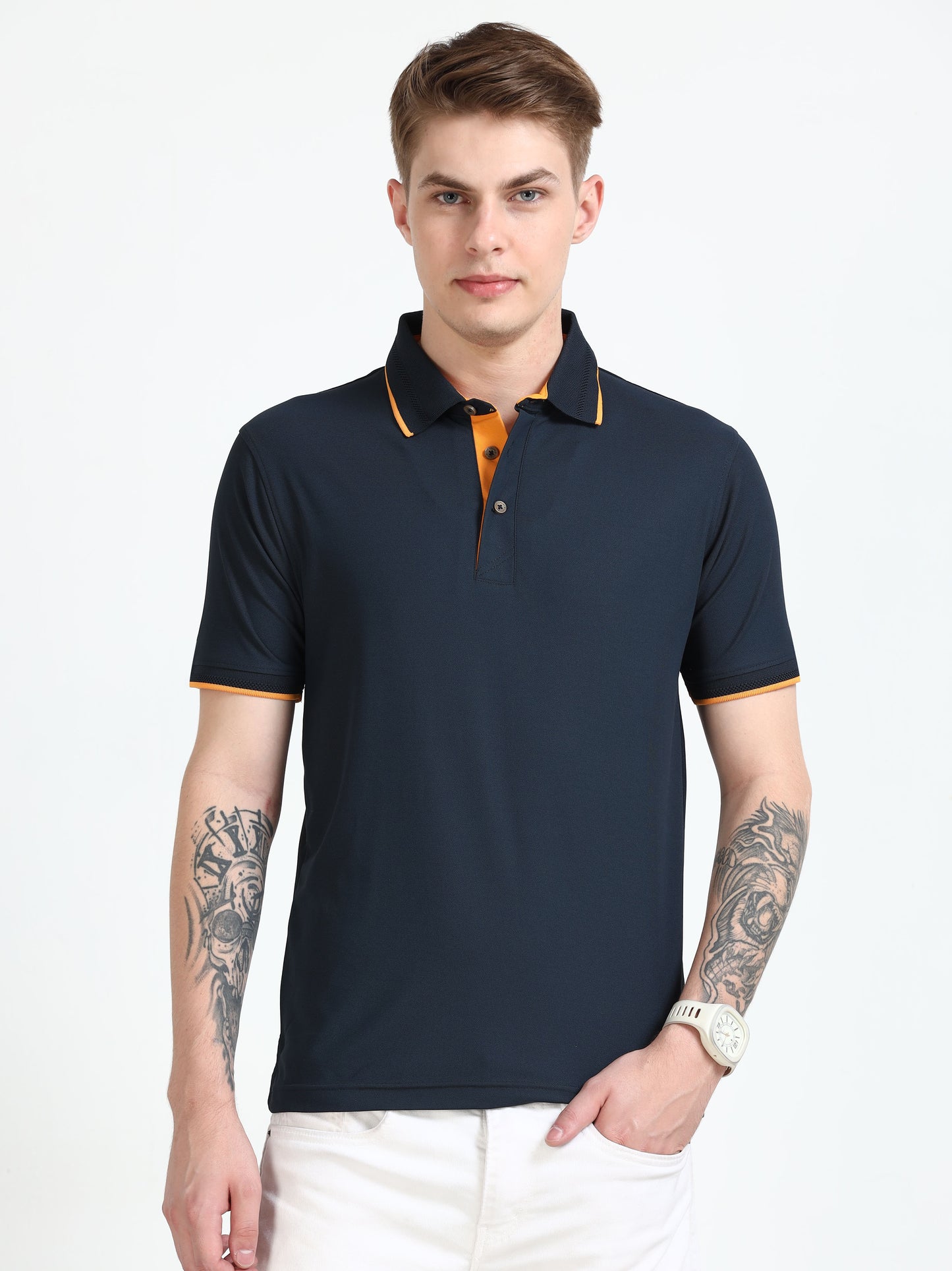 Premium Polo T-Shirt – Dress Blue with Yellow Tipping