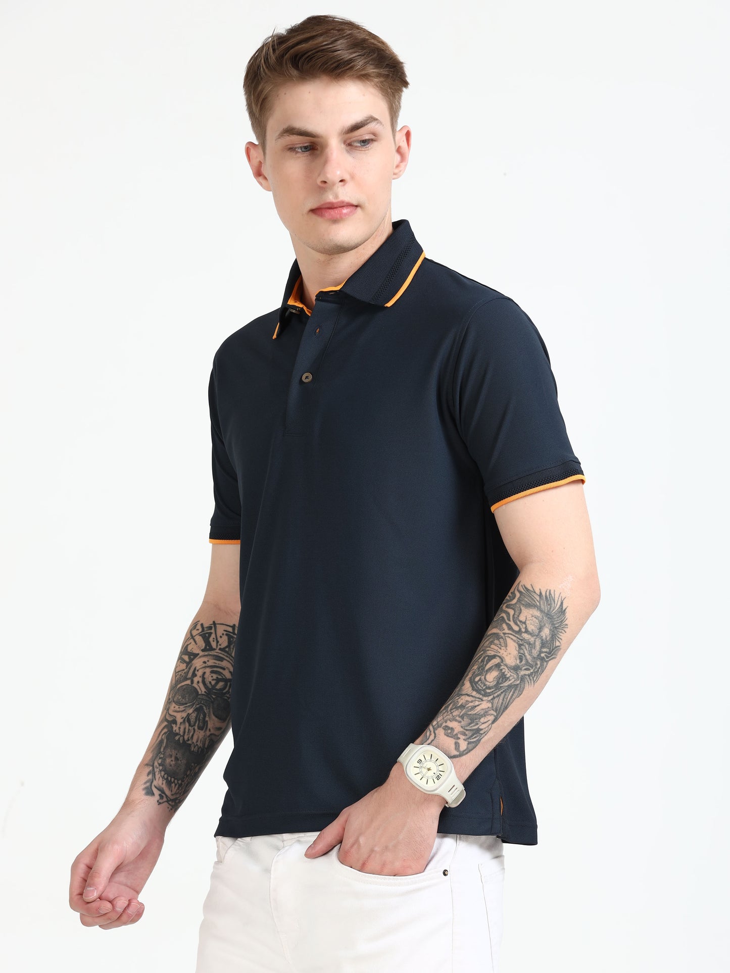 Premium Polo T-Shirt – Dress Blue with Yellow Tipping