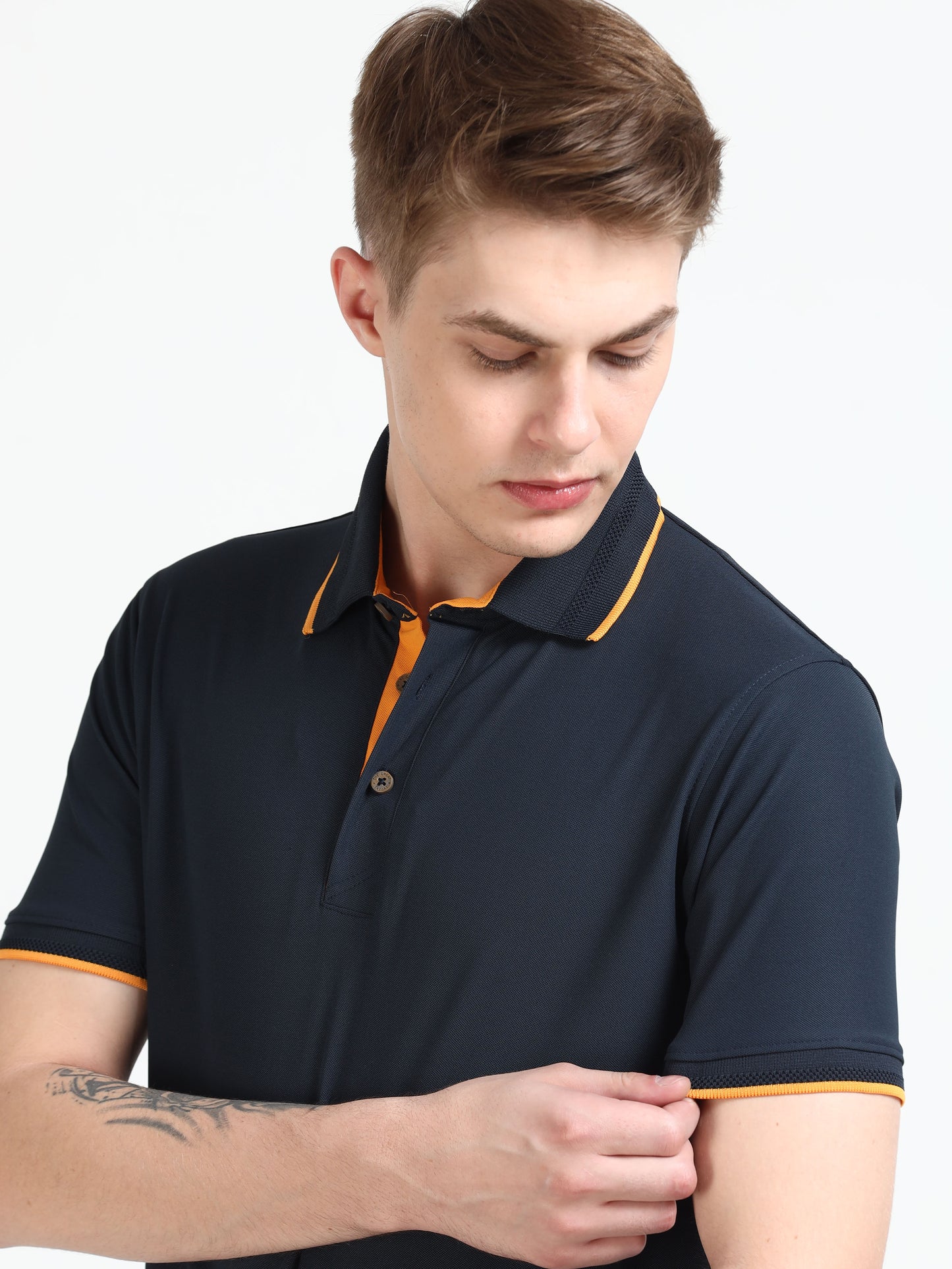 Premium Polo T-Shirt – Dress Blue with Yellow Tipping