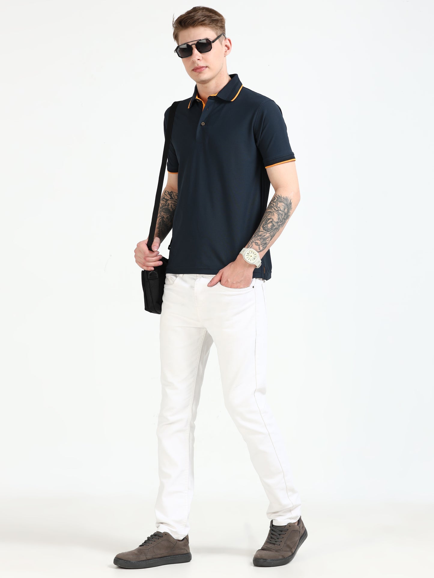 Premium Polo T-Shirt – Dress Blue with Yellow Tipping