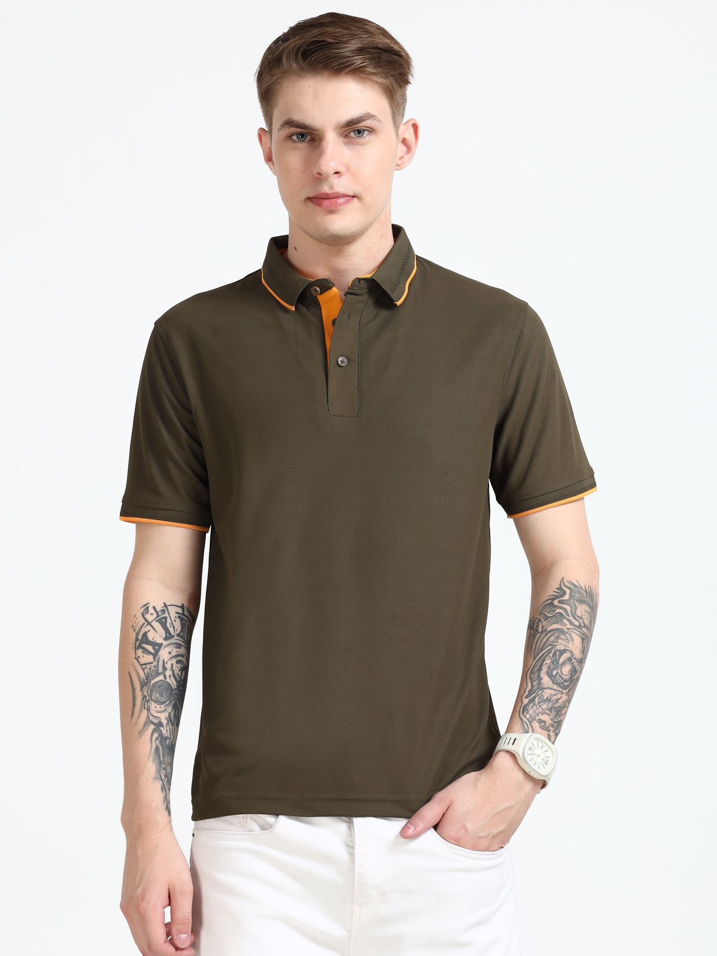 Premium Polo T-Shirt – Olive Green with Yellow Tipping