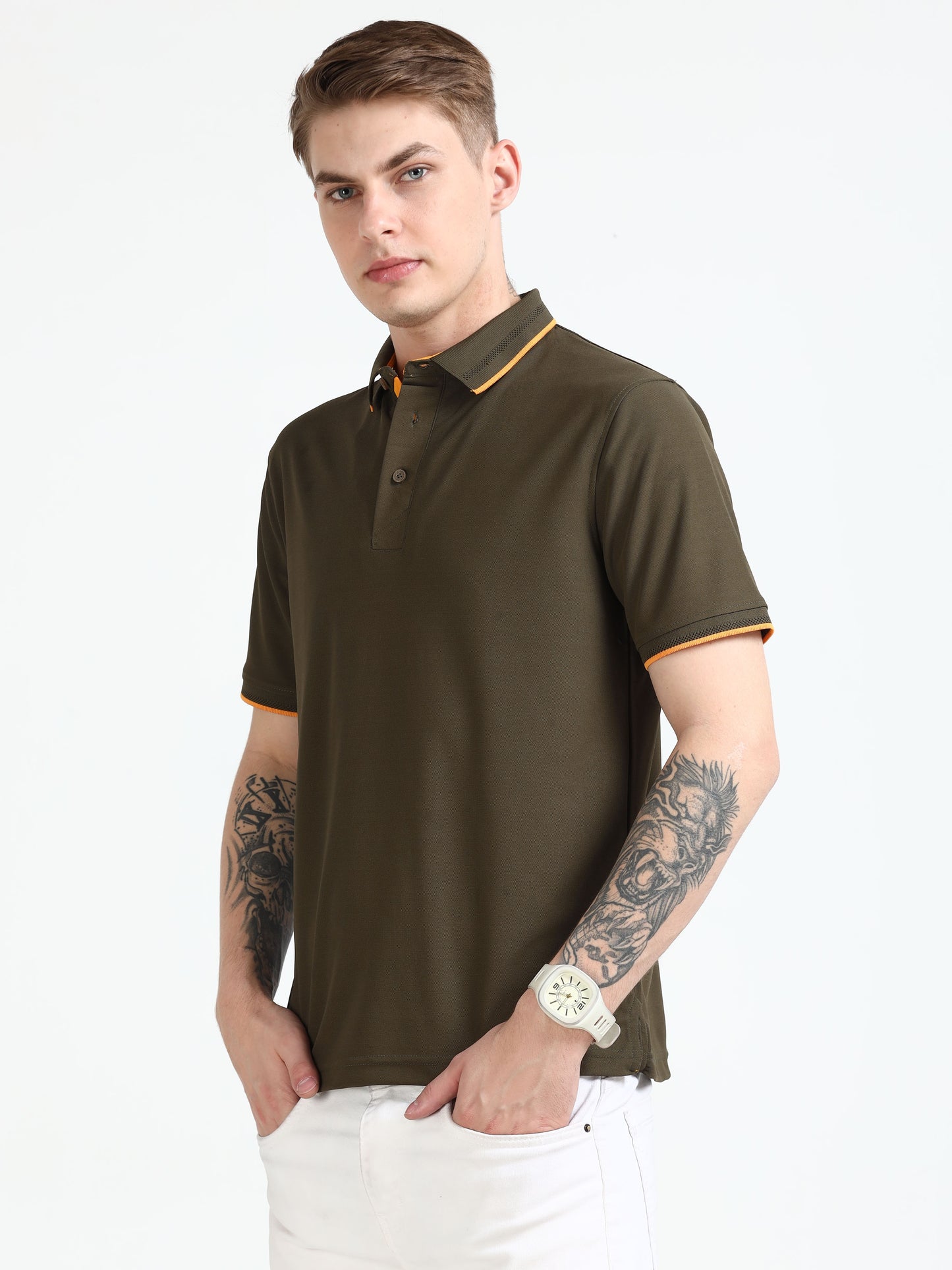 Premium Polo T-Shirt – Olive Green with Yellow Tipping