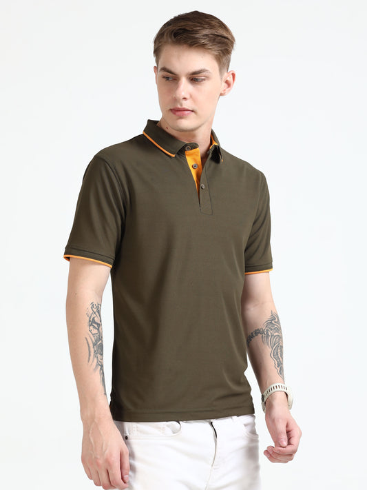 Premium Polo T-Shirt – Olive Green with Yellow Tipping
