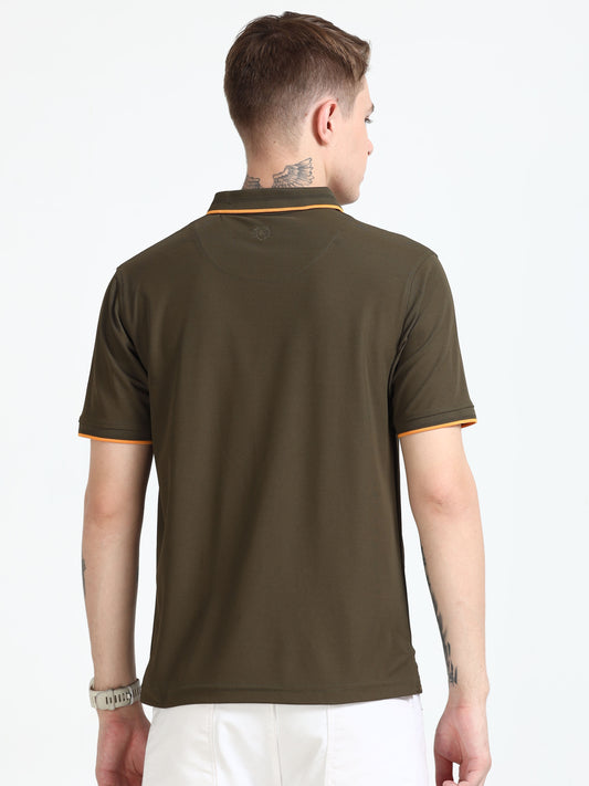 Premium Polo T-Shirt – Olive Green with Yellow Tipping