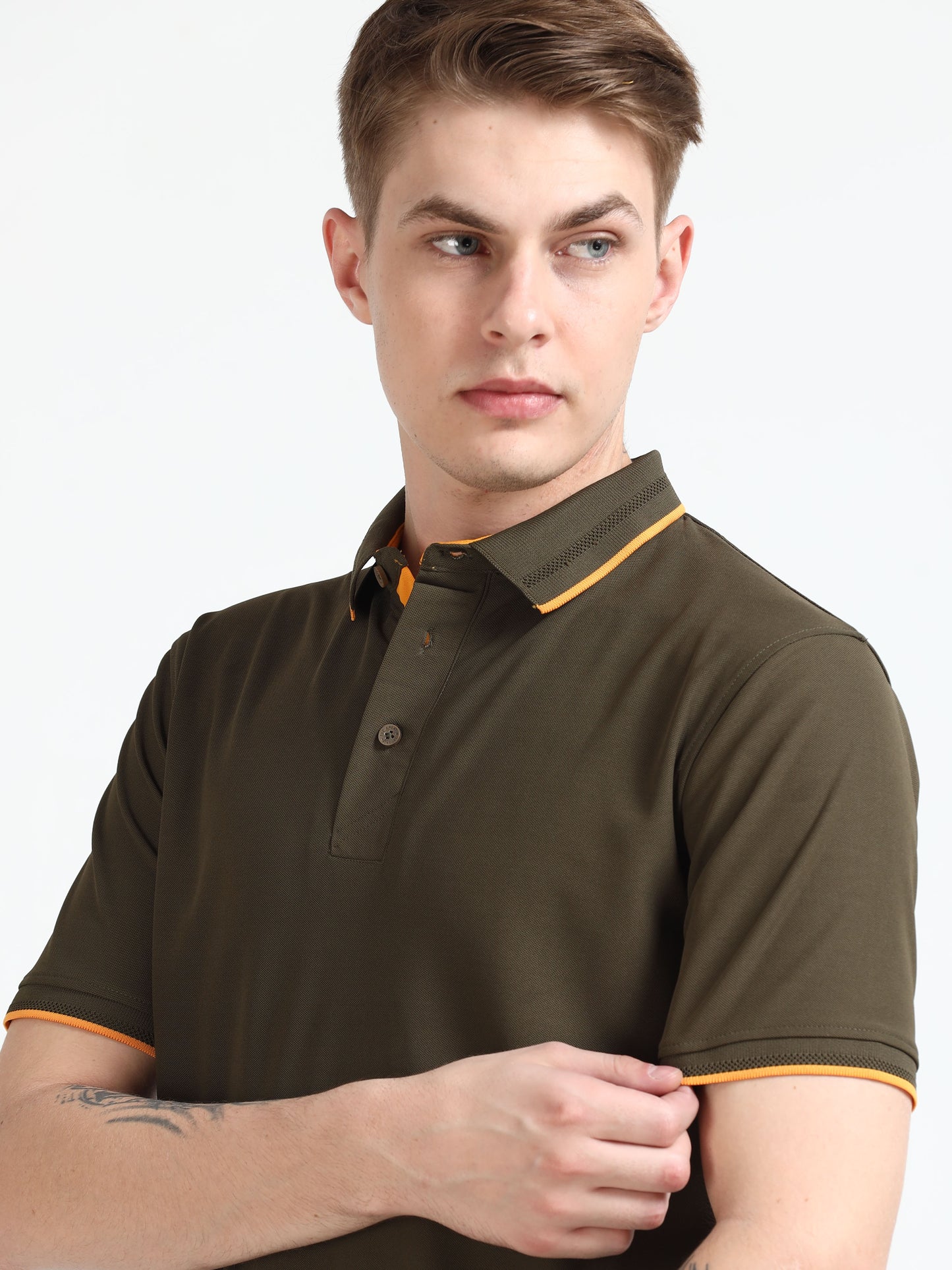 Premium Polo T-Shirt – Olive Green with Yellow Tipping
