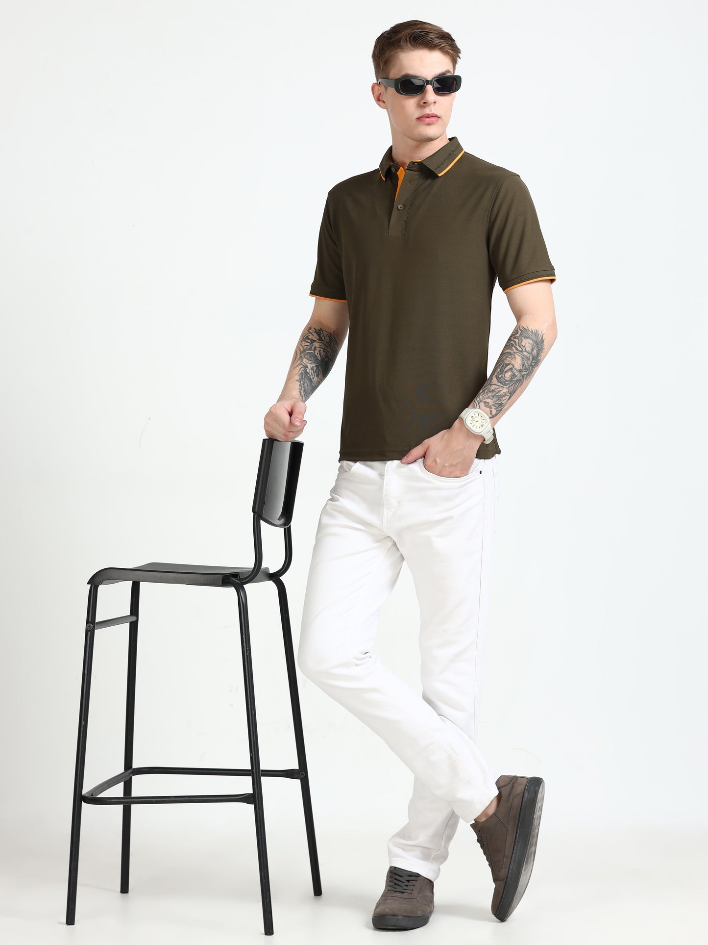 Premium Polo T-Shirt – Olive Green with Yellow Tipping