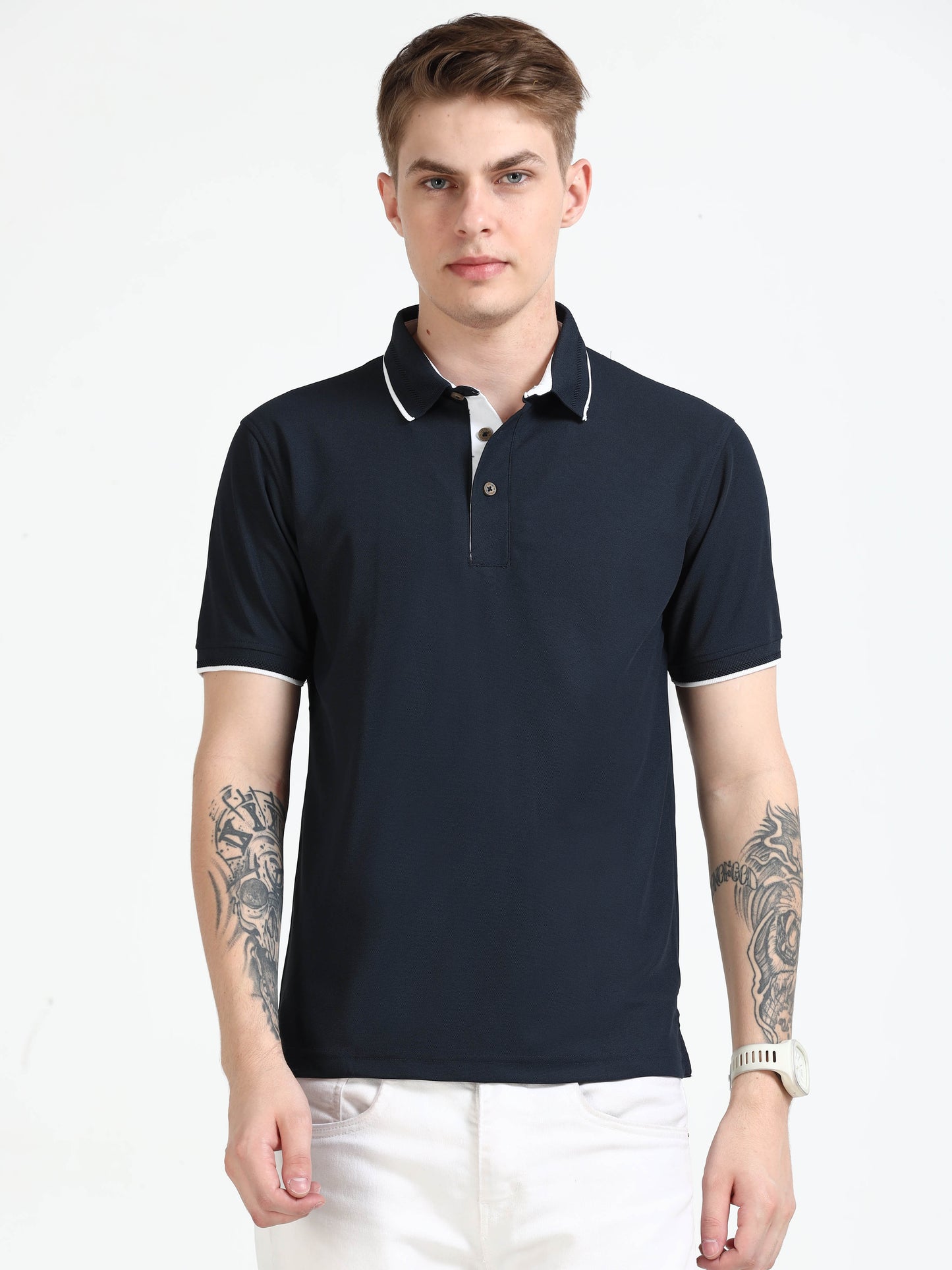 Premium Polo T-Shirt – Dress Blue with White Tipping
