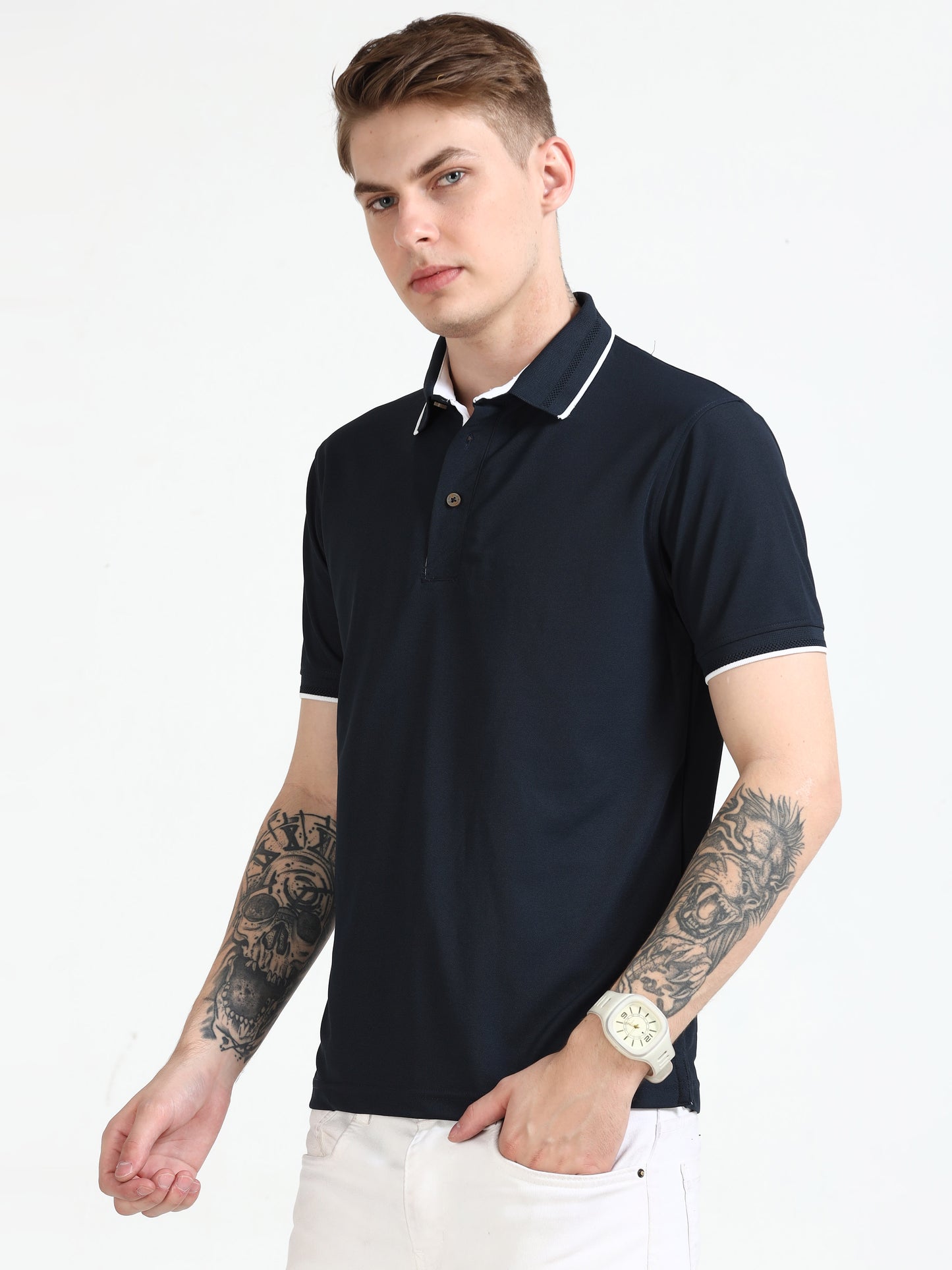 Premium Polo T-Shirt – Dress Blue with White Tipping