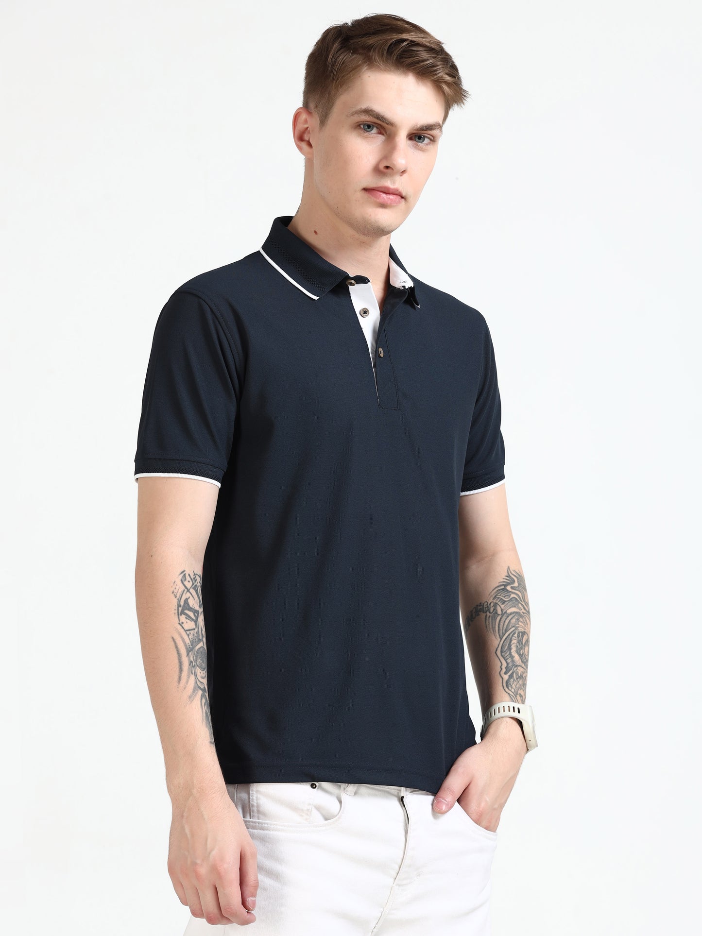 Premium Polo T-Shirt – Dress Blue with White Tipping