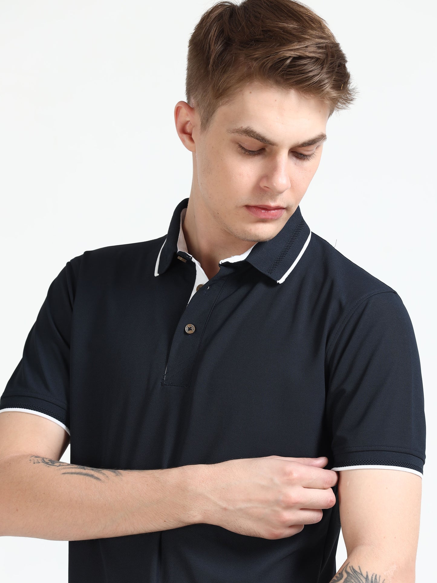 Premium Polo T-Shirt – Dress Blue with White Tipping