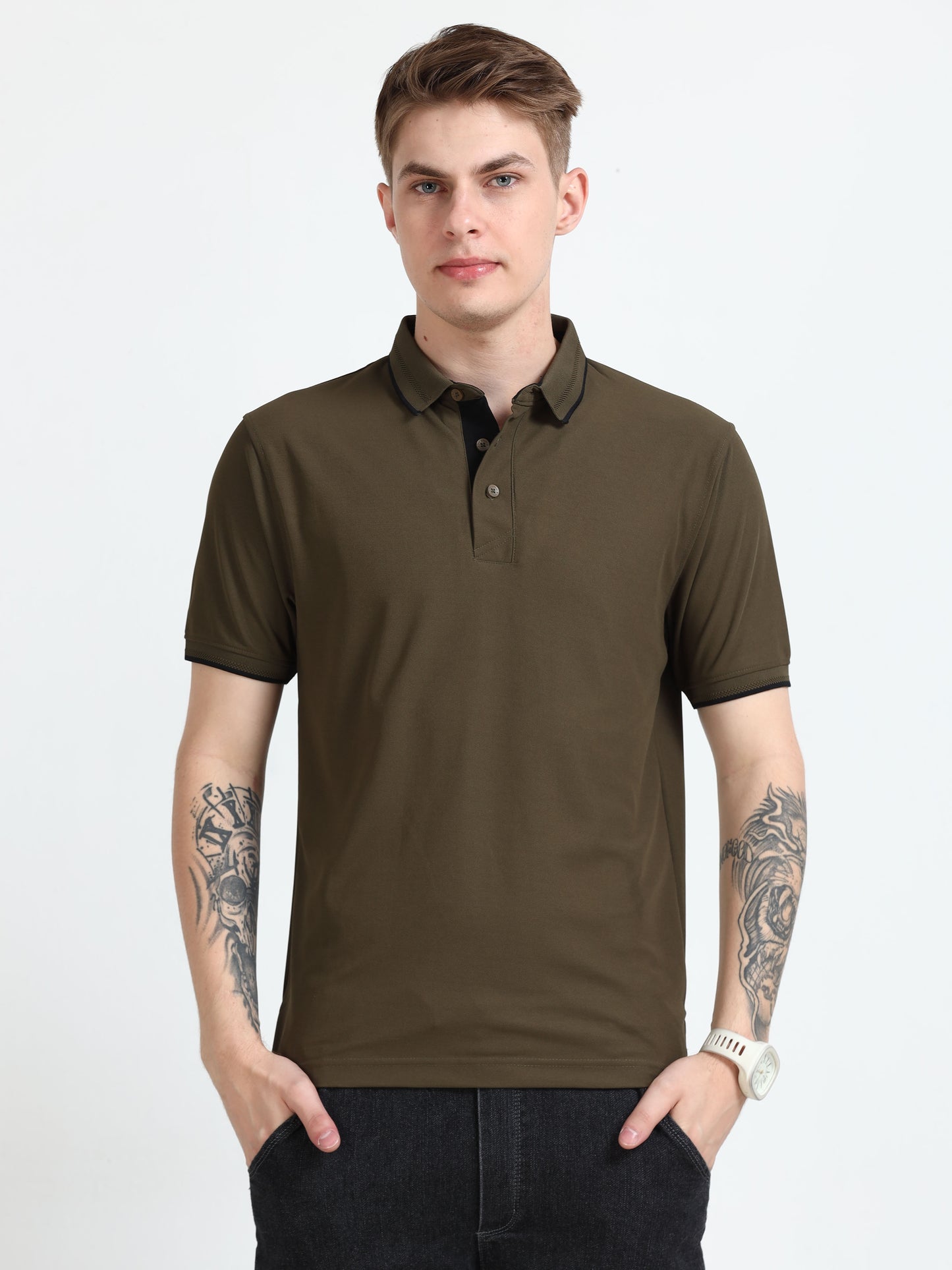 Premium Polo T-Shirt – Olive Green with Black Tipping