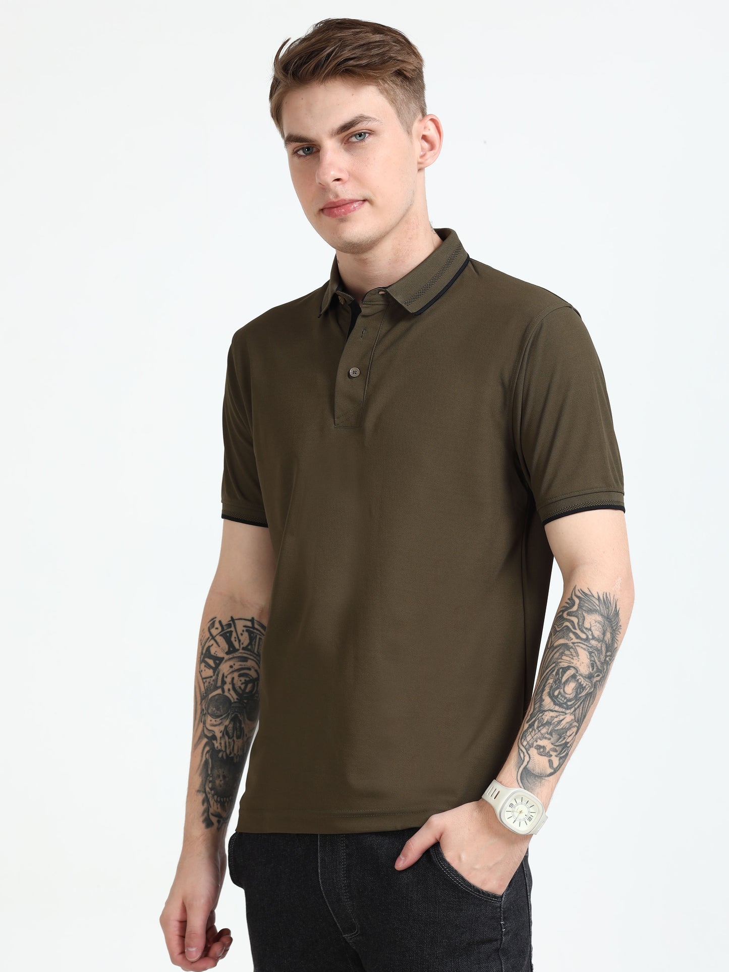 Premium Polo T-Shirt – Olive Green with Black Tipping