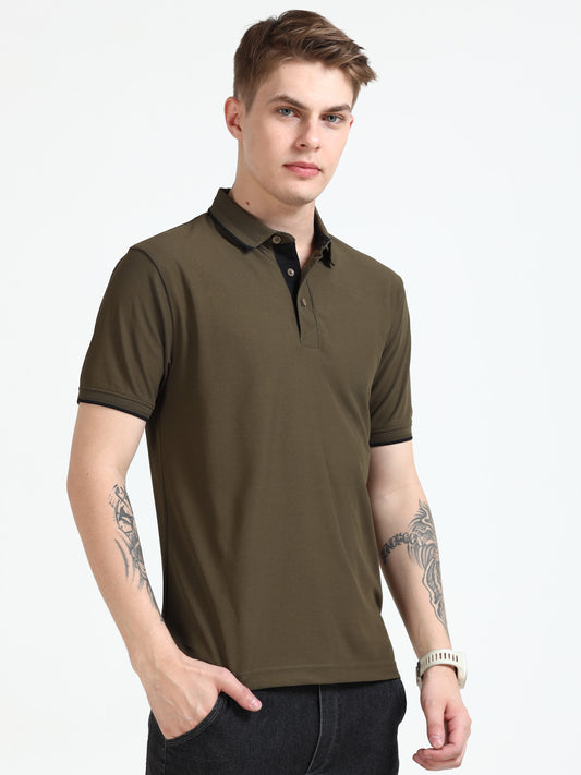 Premium Polo T-Shirt – Olive Green with Black Tipping