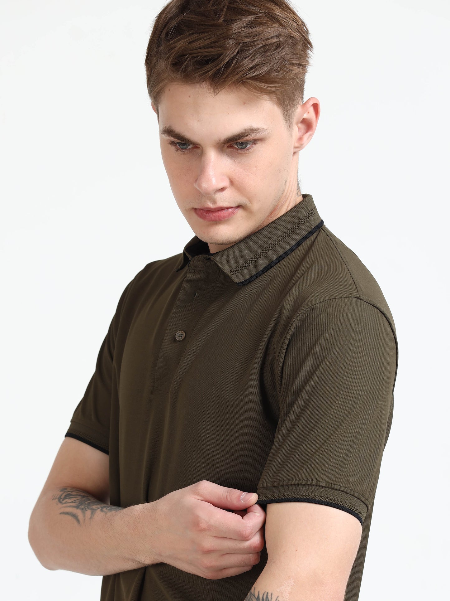 Premium Polo T-Shirt – Olive Green with Black Tipping