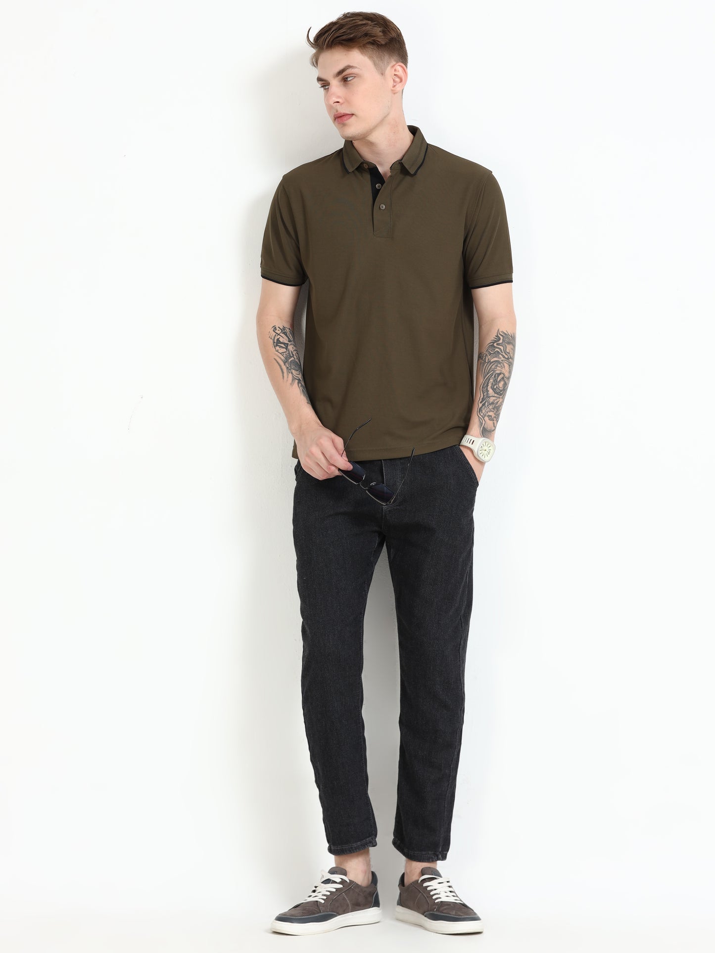 Premium Polo T-Shirt – Olive Green with Black Tipping