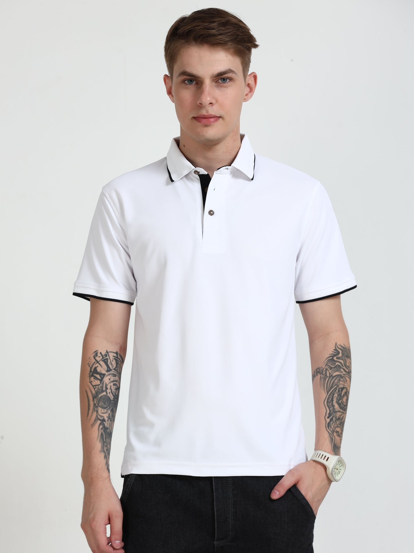 Premium Polo T-Shirt – White with Black Tipping