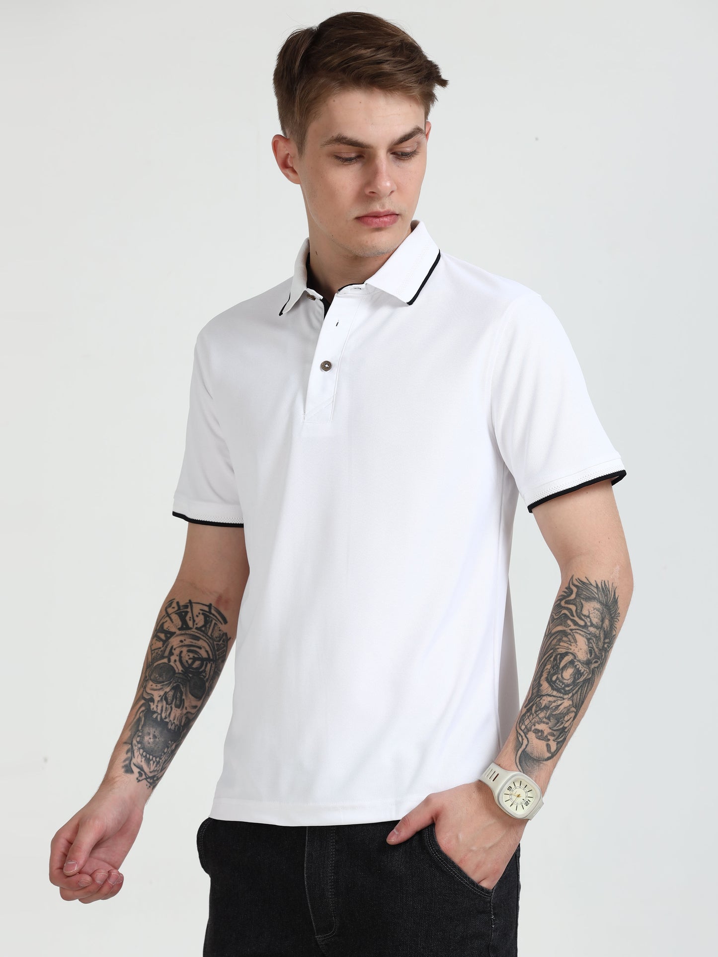 Premium Polo T-Shirt – White with Black Tipping