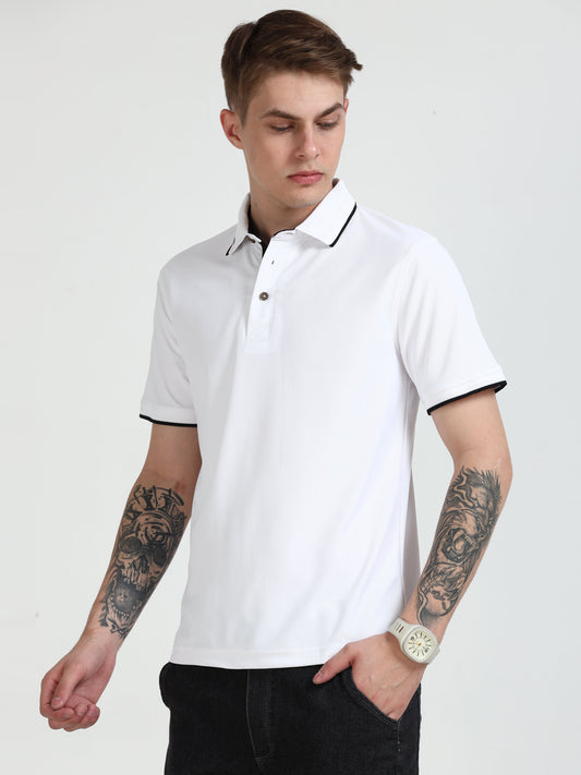 Premium Polo T-Shirt – White with Black Tipping