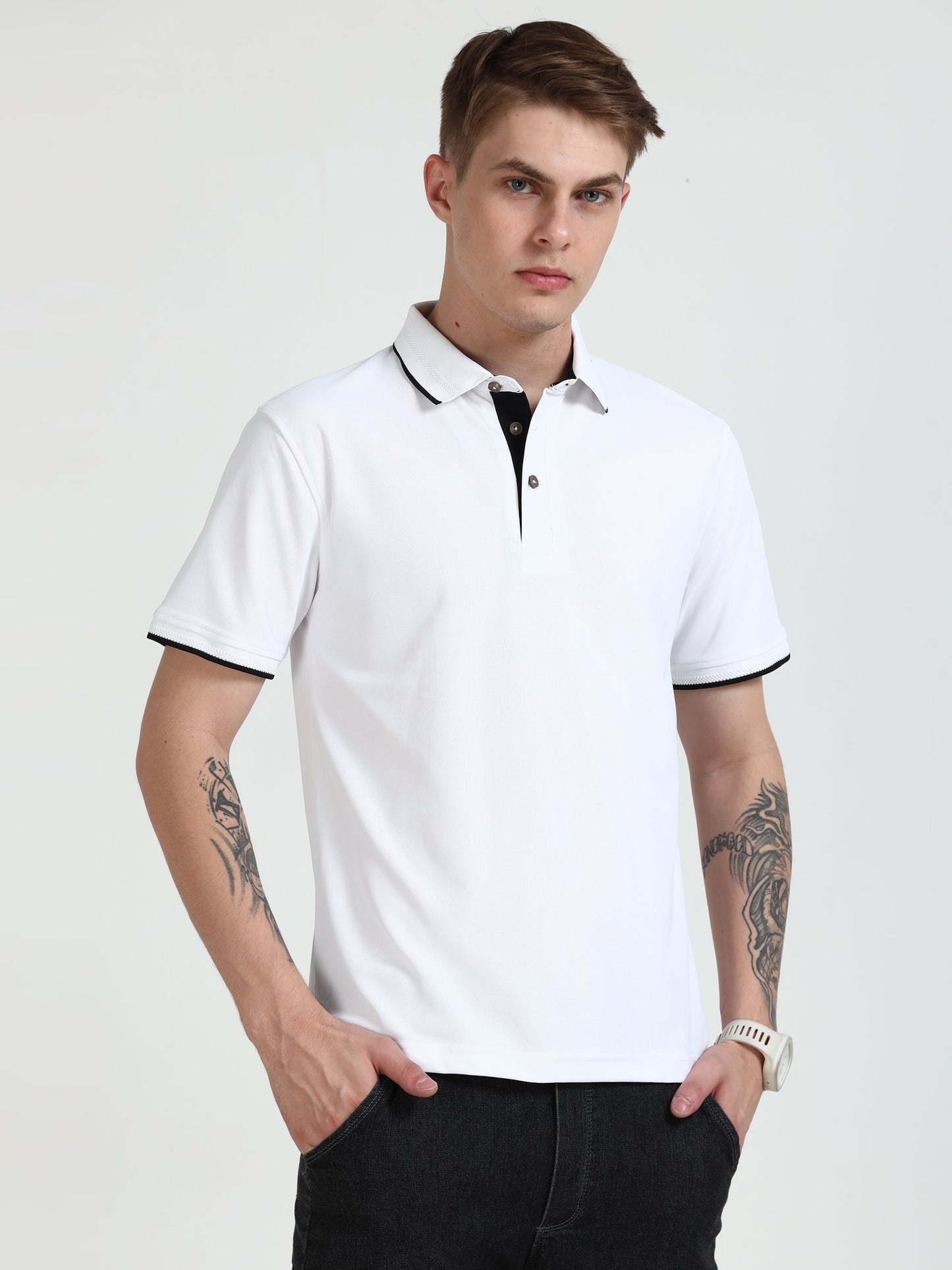 Premium Polo T-Shirt – White with Black Tipping