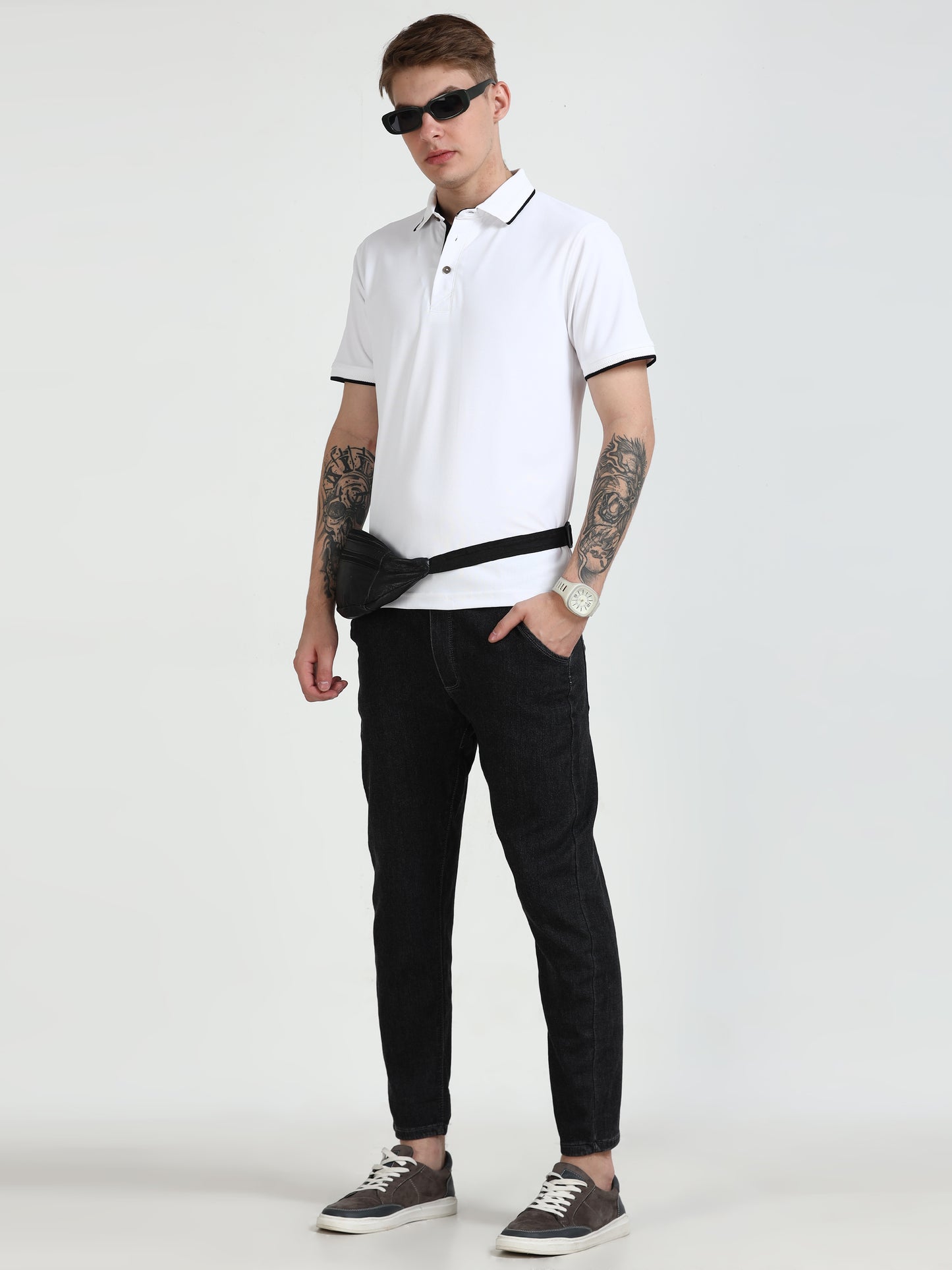 Premium Polo T-Shirt – White with Black Tipping
