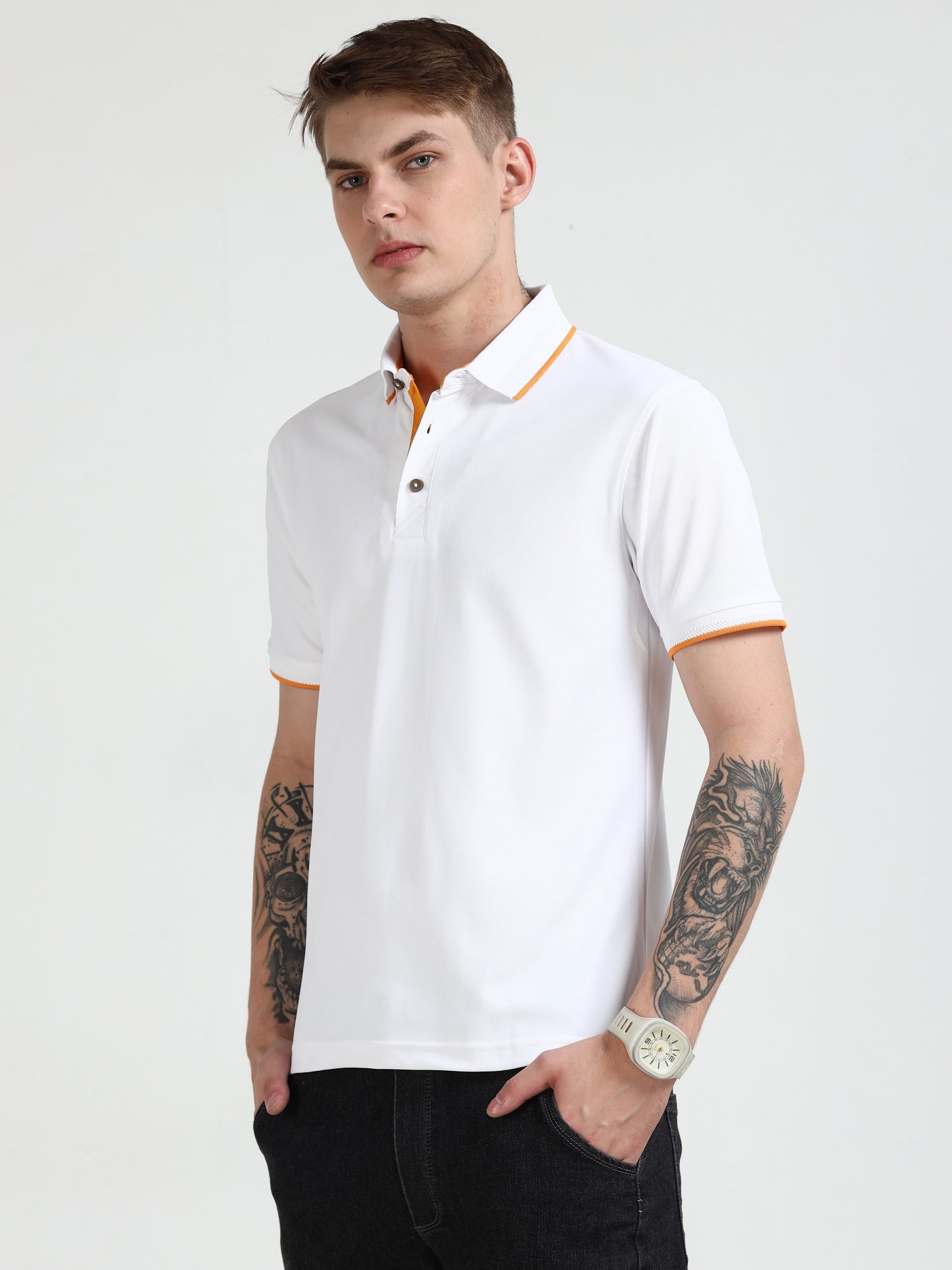 Mars Premium Polo T-Shirt – White with Yellow Tipping